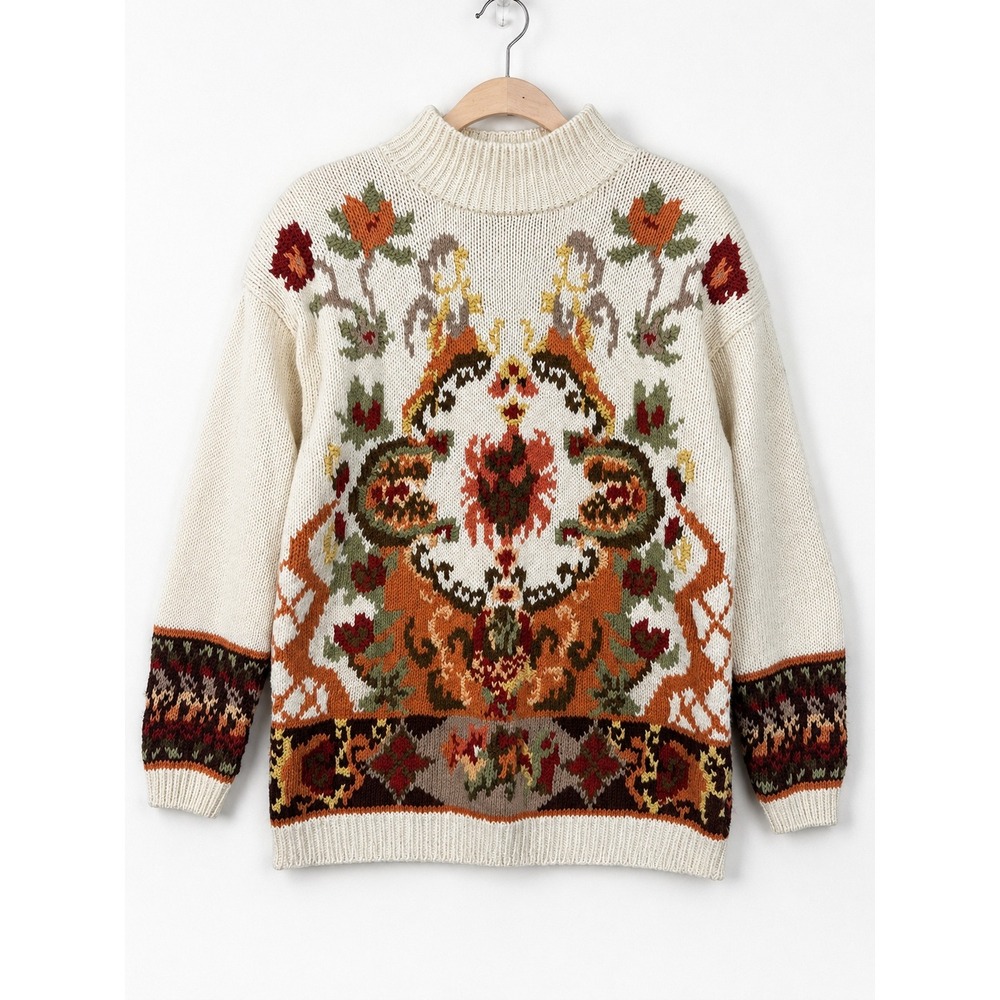 Heirloom Collectibles Vintage 1991 Floral Knit Sweater Cream Peach Womens Medium